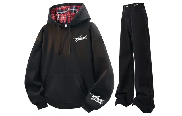 阿凡迪 美式复古街头简约基础格纹拼接设计手写花体潮牌印花宽松舒适休闲百搭时尚潮流通勤长袖连帽中腰直筒微喇牛仔裤卫衣套装 男女同款