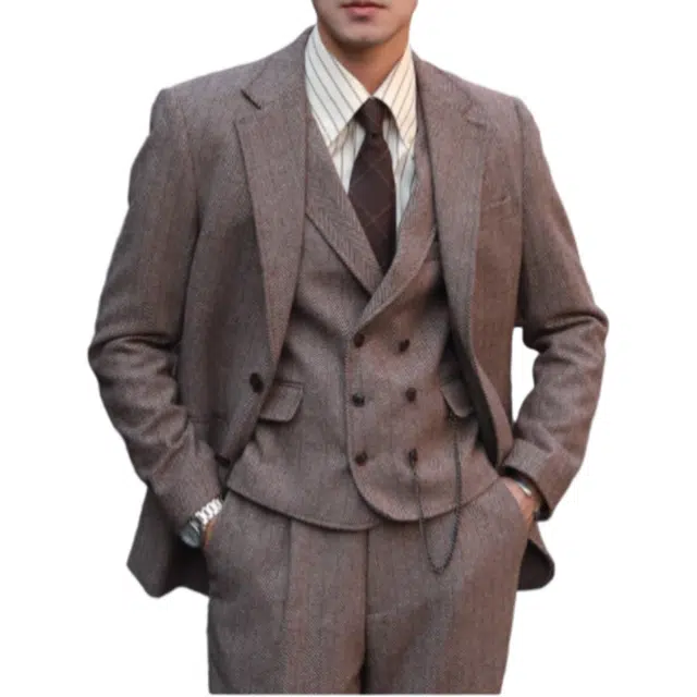 大格子与黑猫 复古英伦雅痞咖啡色浴血黑帮风羊毛粗花呢人字纹休闲修身外套西装 男款