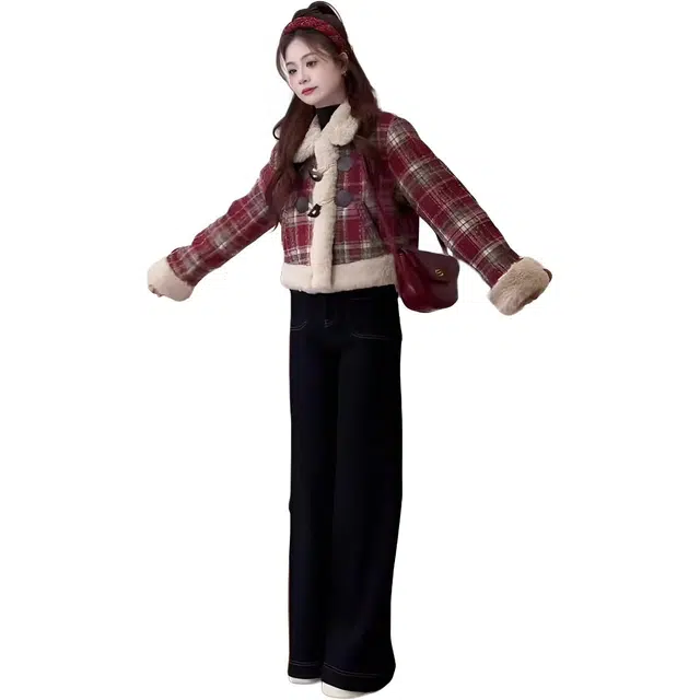 纤丝鸟 时尚休闲红格子短气质小香风棉衣棉服截短外套 女款