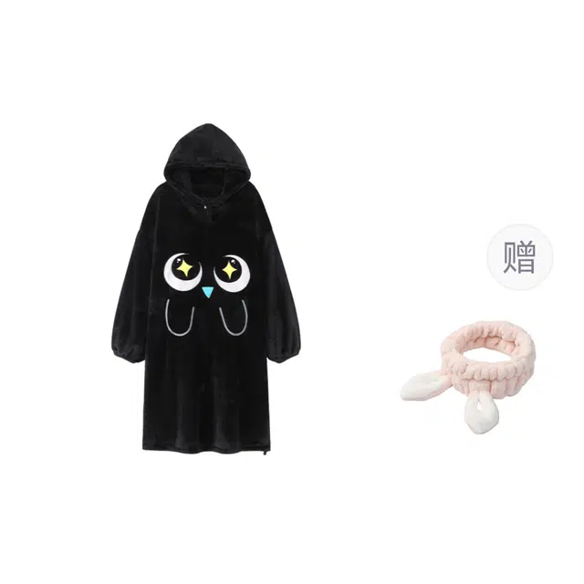 俞兆林 可爱搞怪卡通高级感柔软保暖法兰绒连帽中长裙宽松长袖家居服睡裙 秋冬季 女款