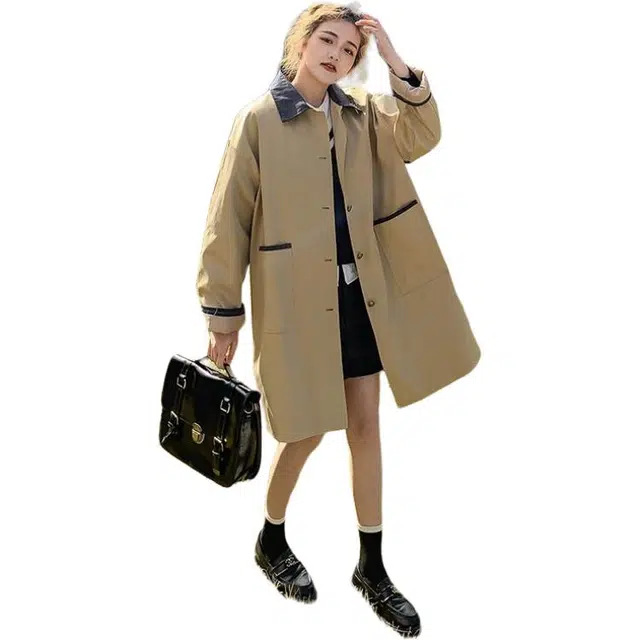 纤丝鸟 气质优雅高级感宽松版型韩系风格撞色拼接大衣 女款