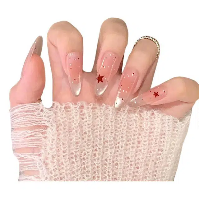 柚予颜 手工穿戴甲冰透星星少女甜美猫眼美甲  杏仁裸色渐变 纯欲