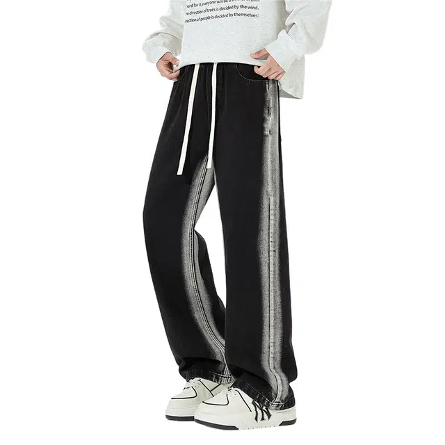 赛瀚 美式高街风渐变水洗磨白宽松直筒复古系绳休闲舒适阔腿潮流通勤百搭潮牌长裤冬季时尚牛仔裤 男女同款