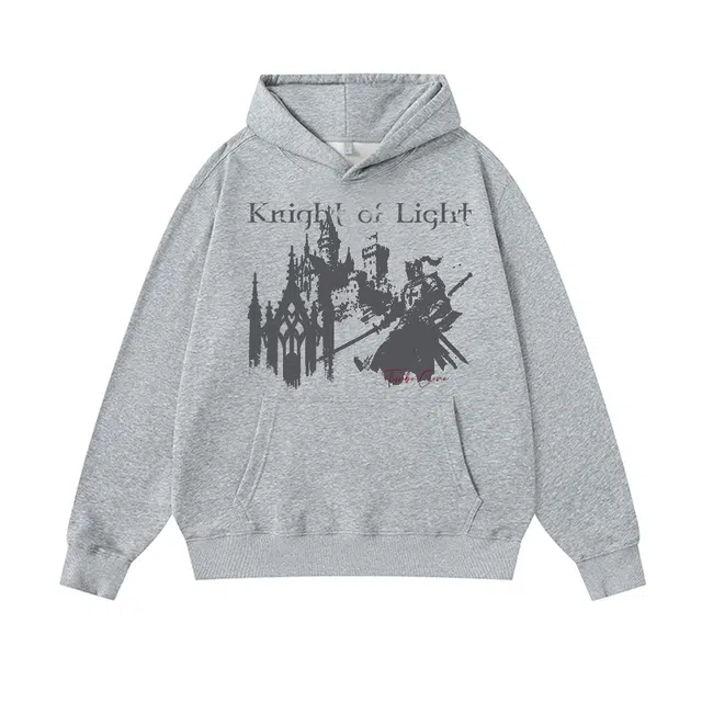 极限涡轮 美式复古骑士城堡印花哥特风痞帅动漫人像无绳连帽高街嘻哈卫衣 男女同款