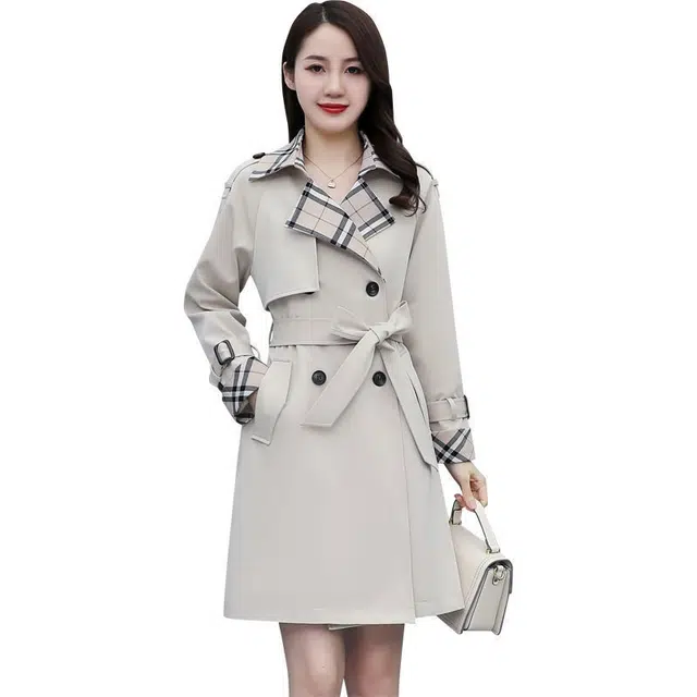 纤丝鸟 简约设计修身舒适气质英伦风格子拼接外套大衣 女款