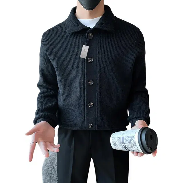 袋鼠 店主风翻领开衫轻奢纯色百搭舒适长袖修身保暖慵懒松弛氛围休闲外套针织衫 男女同款