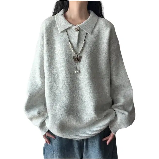 单爵 慵懒风翻领宽松休闲上衣男冬季老钱风亨利领针织衫 男女同款