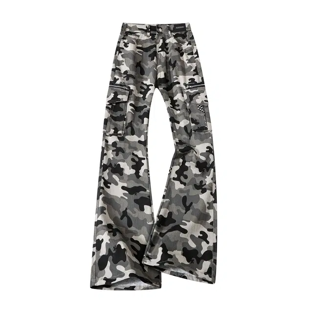 布客行 美式雪地迷彩个性工装长裤拼接侧边多口袋复古水洗微喇修身百搭显高显瘦直筒宽松阔腿高级感舒适弯刀柔软牛仔休闲裤 男女同款