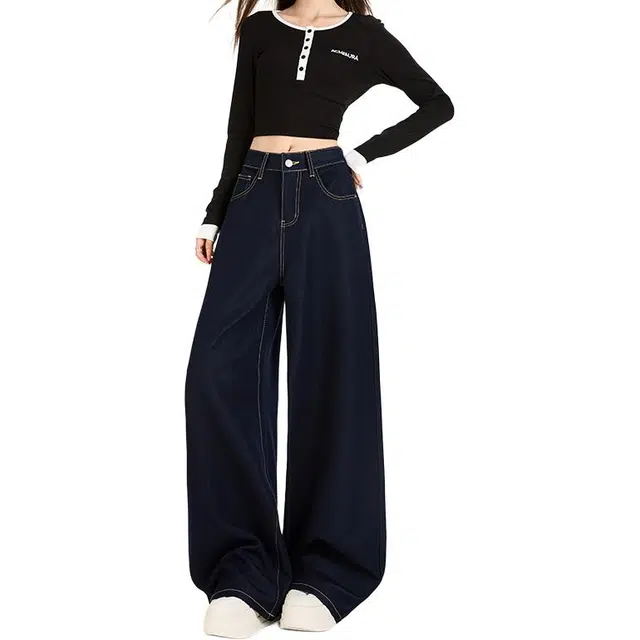 宝米卡 百搭简约常规基础通勤长裤抗皱免烫四面弹宽松垂顺阔腿原色裤子加绒保暖牛仔裤 女款