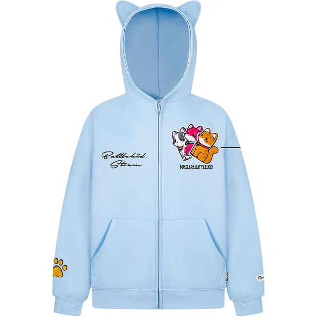 小卷要加油 原创美式刺绣小猫魔术贴连帽女秋冬宽松慵懒上衣外套卫衣 女款