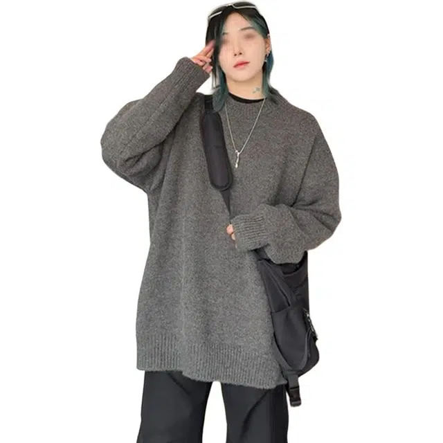 单爵 复古上衣男秋季潮牌宽松简约纯色圆领慵懒针织衫 男女同款