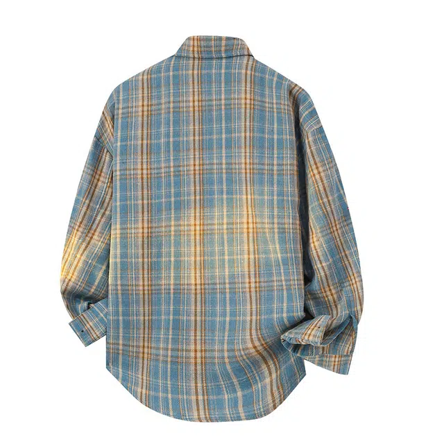 顶峰保罗 美式复古撞色格子宽松休闲衬衣外套春秋穿搭情侣款通勤潮流百搭高级感翻领衬衫 男女同款
