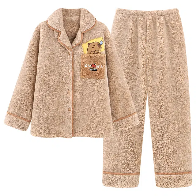 俏霓桐 精致保暖蓄温加绒加厚可爱卡通简约舒适柔软少女风家居服可外穿睡衣套装 女款