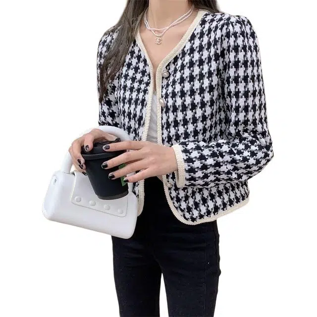 纤丝鸟 千鸟格甜美小香风优雅气质感短款上衣截短外套 女款