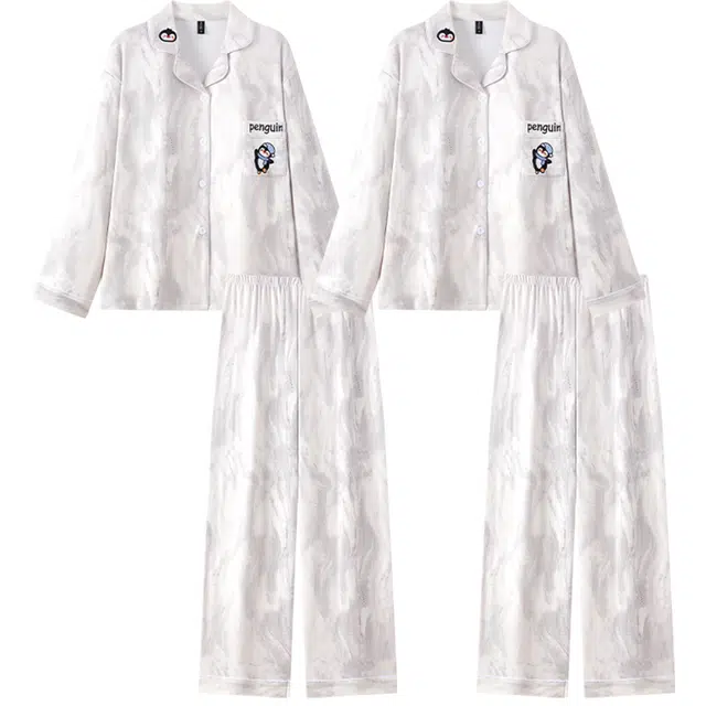 俞兆林 可爱企鹅卡通条纹高级感翻领情侣柔软保暖德绒长袖长裤休闲家居服睡衣套装 秋冬季 男女同款