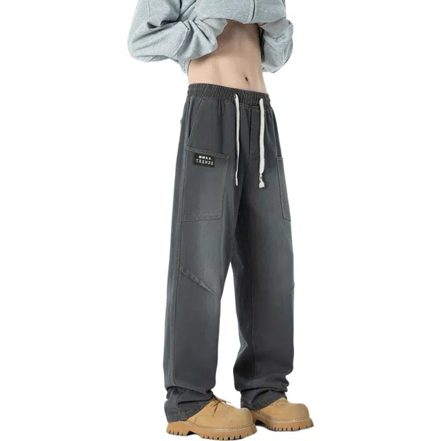 【大口袋拼接褶皱设计】赫赫良衣 美式复古痞帅高街松紧腰系带长裤子时尚休闲百搭舒适保暖宽松显高显瘦小众高级感韩系潮牌牛仔裤 男女同款