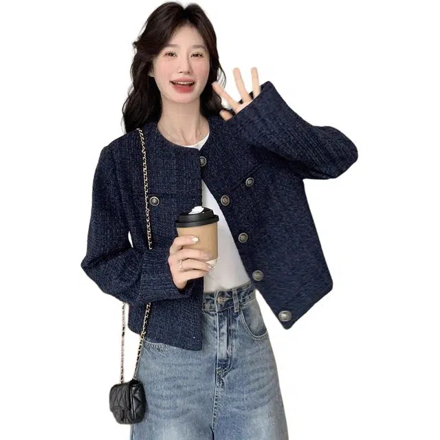 纤丝鸟 复古小香风女韩系高级感小个子短款圆领夹克上衣截短外套 女款