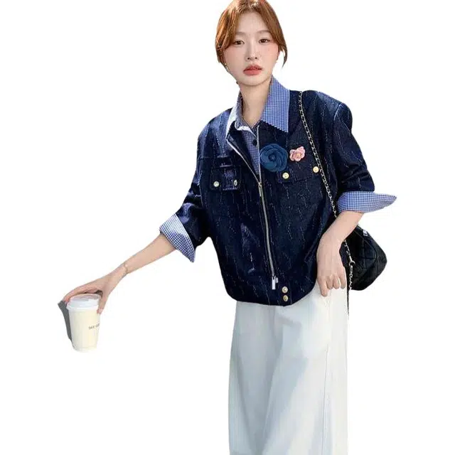 纤丝鸟 格纹拼接假两件小香风女高级感时尚复古牛仔上衣截短外套 女款