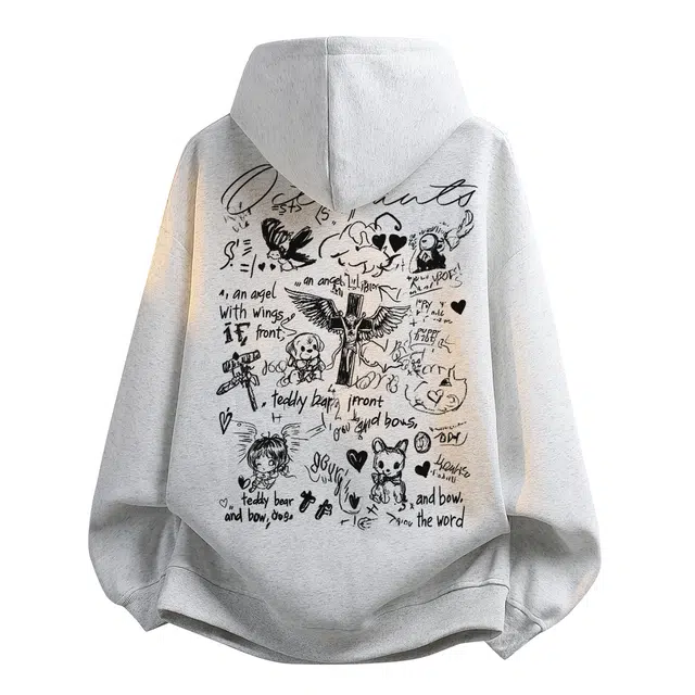 海底小纵队 春秋创意美式高街手绘卡通多元素图案印花时尚单品百搭舒适透气长袖学院风上衣袋鼠口袋宽松潮流无性别连帽卫衣 男女同款