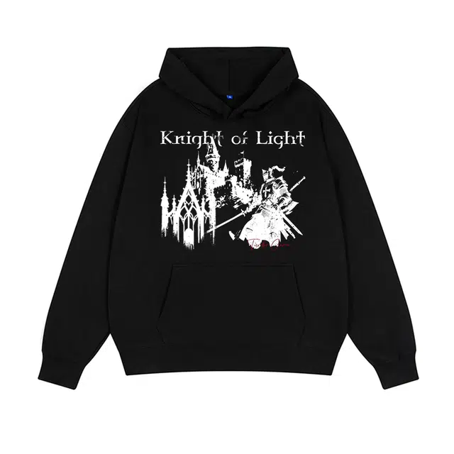 拾个壹先生 美式复古骑士城堡印花哥特风痞帅动漫人像无绳连帽高街嘻哈卫衣 男女同款