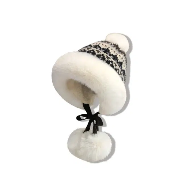 【毛茸茸舒适可爱】 无限兔 冬季加绒针织提花防寒护耳毛绒加厚保暖帽毛线 涤纶 绒线帽 男女同款情侣款