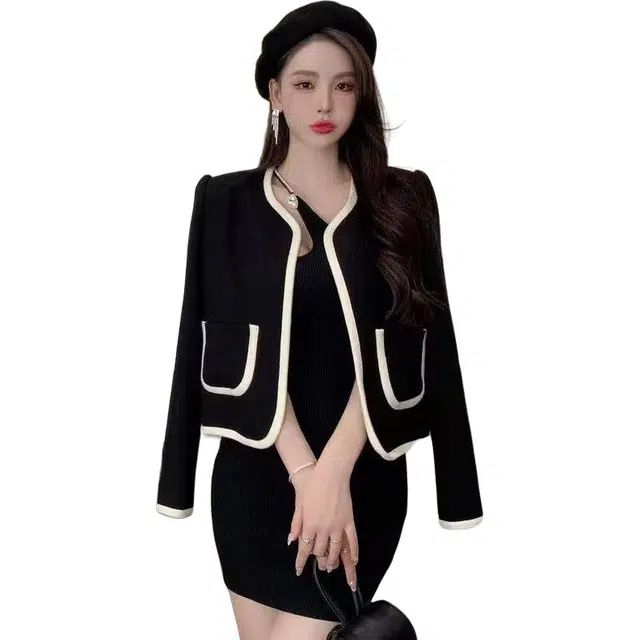 纤丝鸟 时尚气质设计感小个子开衫短女撞色小香风短款上衣女截短外套 女款