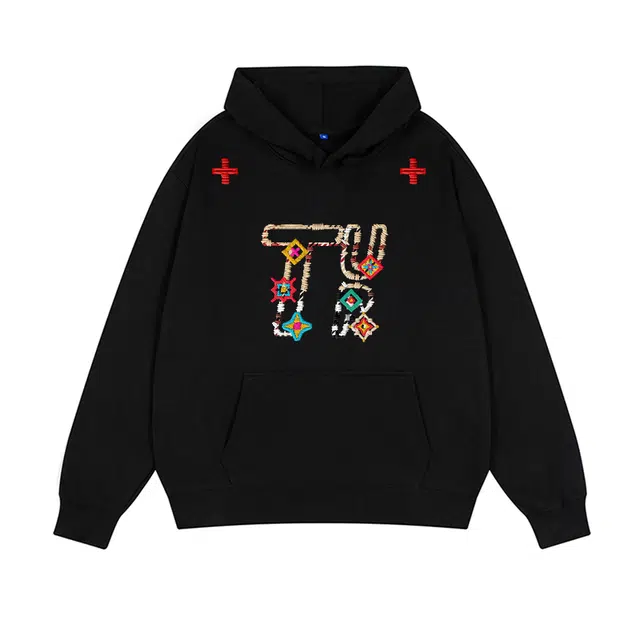 拾个壹先生 美式复古几何游牧仿刺绣潮流纯色印花字体无绳连帽套头简约宽松休闲百搭文艺风卫衣 男女同款