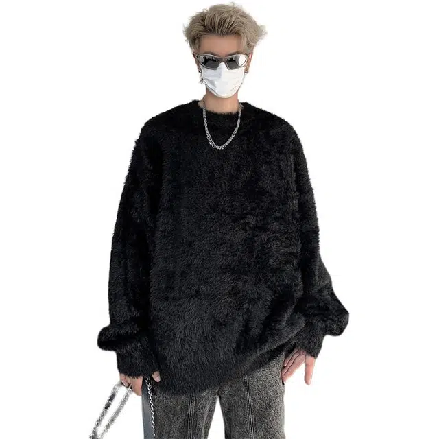 拓菲 早秋穿搭纯色外套男款高级感海马毛上衣宽松慵懒圆领打底衫针织衫 男女同款