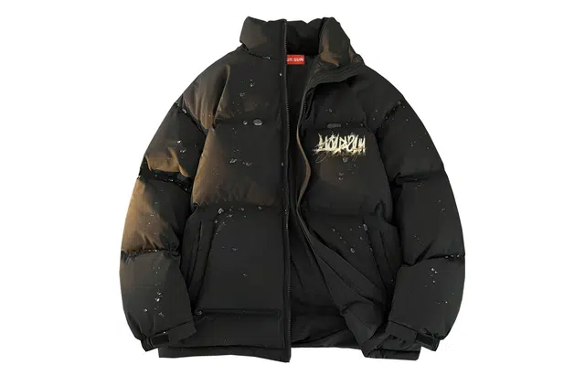 宜而爽 美式复古高街潮流手绘签名字母印花宽松运动加厚防寒保暖立领鸭绒外套日常通勤休闲百搭户外轻薄羽绒服 男女同款