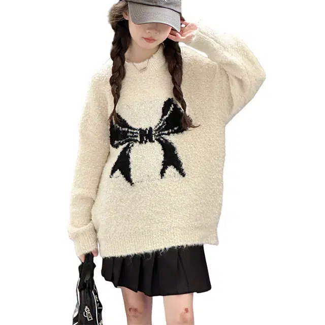 帕兰朵毛衣 女孩秋冬款针织衣女童韩系休闲蝴蝶结加厚秋装针织衫时髦洋气女大童圈提花圆领长袖