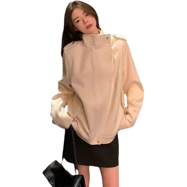 纤丝鸟 米白色女小个子高级感美式复古立领夹克上衣截短外套 女款