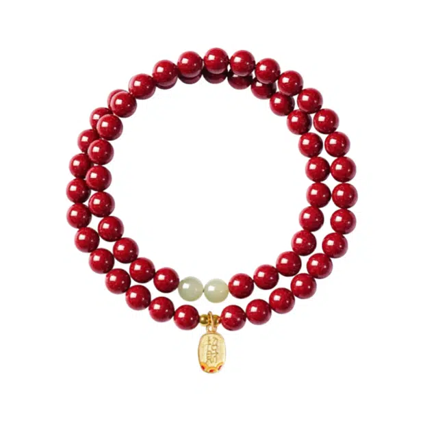 赤藤 好事花生万事顺遂好运连连平安喜乐新中式国潮复古风格简约小众设计双圈叠戴手链时尚百搭潮流高级文玩念珠手链 辰砂 手串 女款