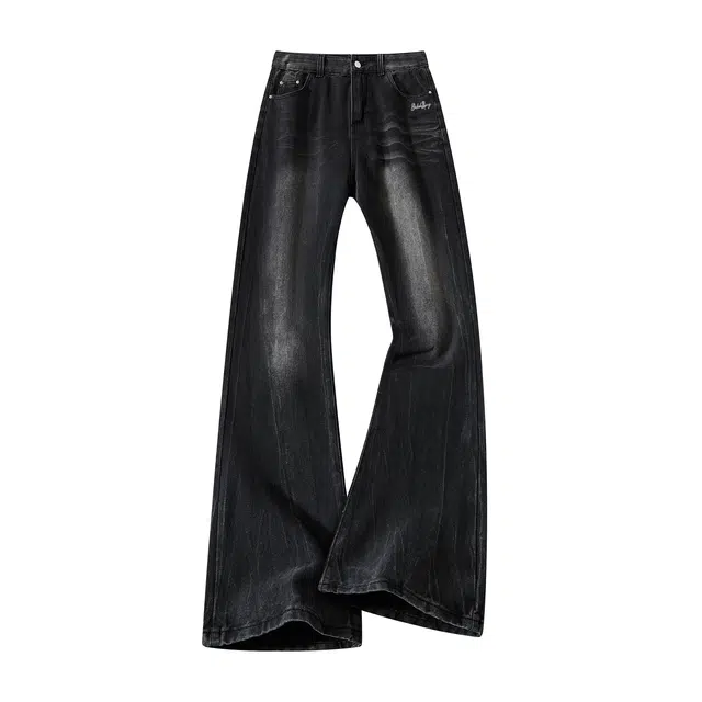 布客行 美式高街水洗做旧结构猫须竹节纹水波纹理小众设计感修身微喇显高显瘦长裤子休闲百搭直筒宽松阔腿弯刀废土风柔软牛仔裤 男女同款