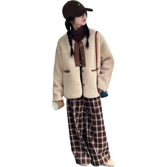 帕兰朵休闲运动套装 女童冬季甜系撞色皮毛一体外套加绒加厚时尚潮酷洋气磨毛打底衫显瘦格子阔腿裤三件套潮 青少年