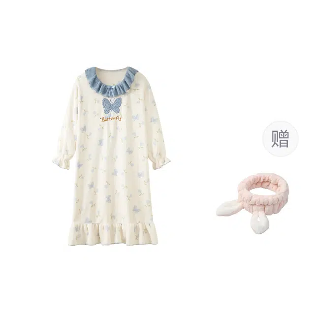 俞兆林 高级感可爱蝴蝶卡通圆领柔软法兰绒长袖中长裙甜美少女学生舒适家居服睡裙 秋冬季 女款