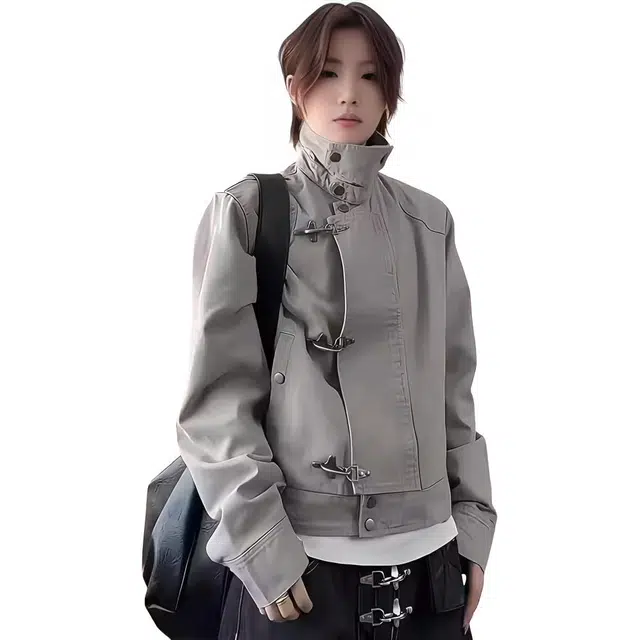 徐百货 美式高街潮牌百搭立领解构飞机扣短款春秋季潮流复古做旧高级感底上衣牛仔外套 男女同款