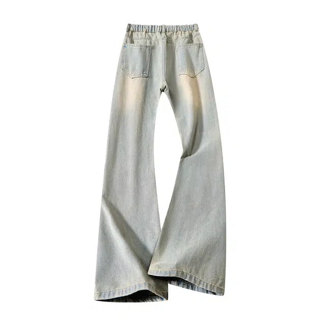 布客行 黄泥染微喇复古美式高街拼接设计长裤子废土风修身水洗做旧通勤休闲百搭垂感显高显瘦直筒弯刀阔腿弹力松紧腰柔软牛仔裤 男女同款