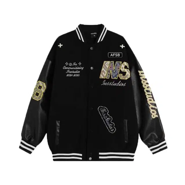 艾梵斯贝 美式复古潮流字母贴布刺绣重工小众设计款无性别日常通勤百搭宽松休闲时尚高级感潮酷学院风棒球服情侣款夹克 男女同款