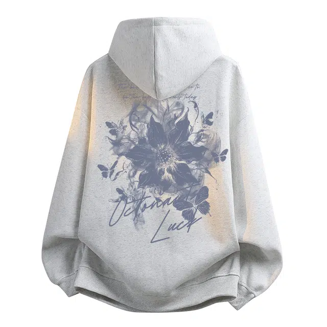 海底小纵队 美式高街系列背面蝴蝶玫瑰创意手绘字母印花高级感氛围慵懒学院风日常户外百搭通勤无性别主义宽松连帽卫衣 男女同款