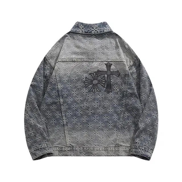 虫小绿 美式复古潮牌设计感十字架烫钻夹克百搭秋季潮流痞帅高级感满印提花上衣轻奢小众休闲翻领牛仔外套 男女同款