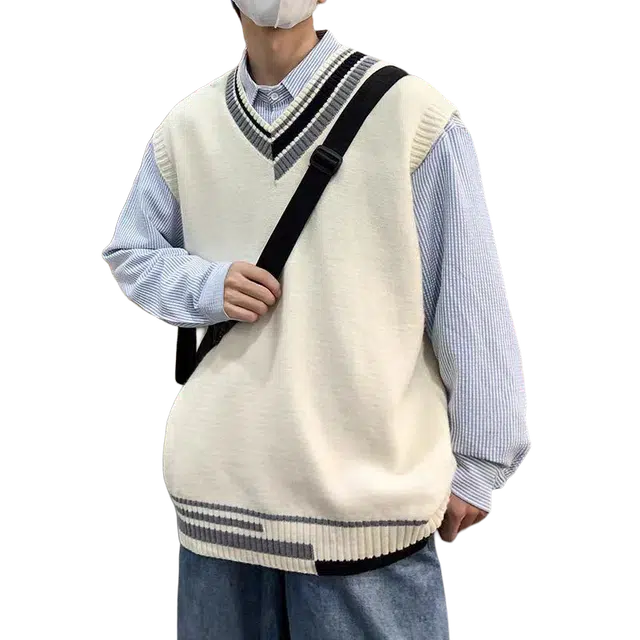 一碗士多 不对称撞色马甲美式复古高街小众百搭拼色慵懒感舒适保暖个性时尚通勤日常户外活动经典款针织衫 男女同款