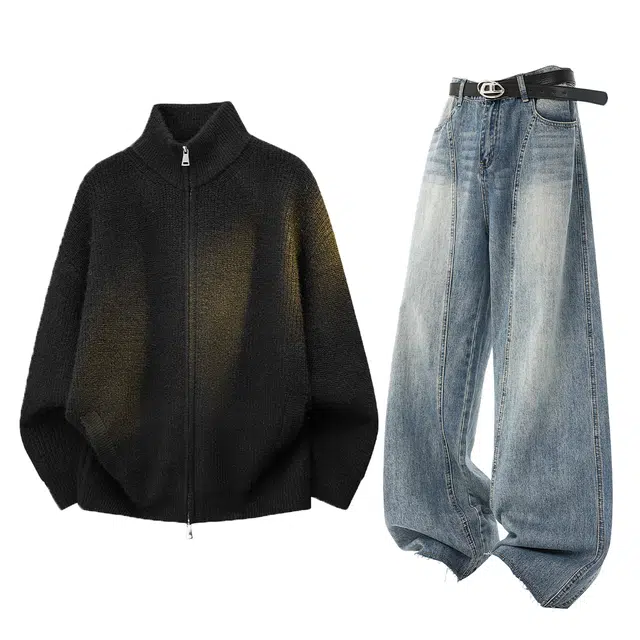 梓润格 美式潮流韩系简约高级感毛衣潮牌针织衫日常随性无性别主义百搭基础阔腿毛边弯刀直筒休闲运动套装 男女同款