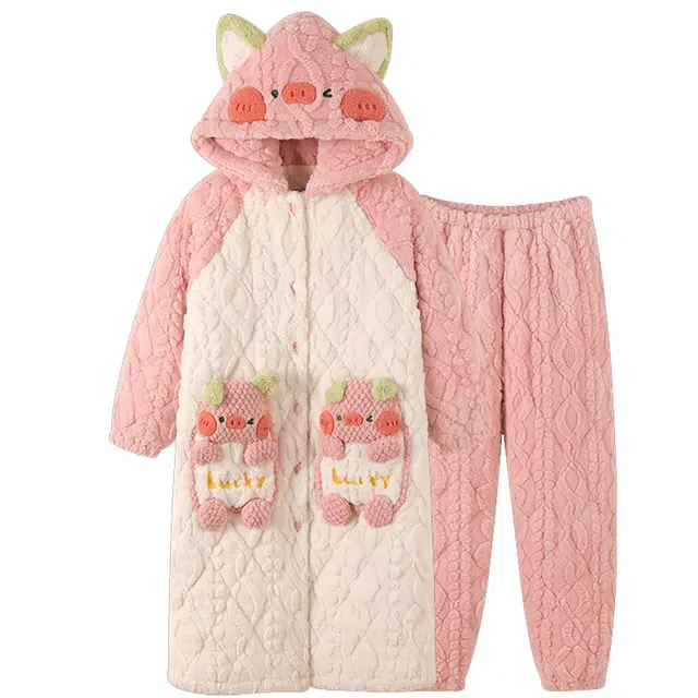 俞兆林 卡通小猪珊瑚绒三层夹棉女高级感加绒加厚连帽睡袍可爱浴袍家居服冬天睡衣套装 秋冬季 女款