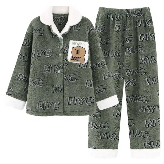 俏霓桐 加绒加厚保暖蓄温时尚拼色可爱卡通翻领甜美舒适家居服可外穿睡衣套装 女款