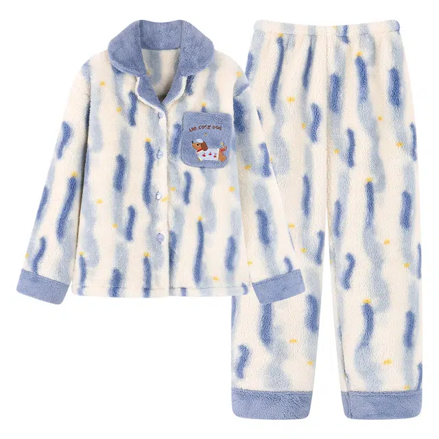 俏霓桐 可爱卡通保暖蓄温加绒加厚简约甜美渐变色翻领家居服可外穿睡衣套装 女款