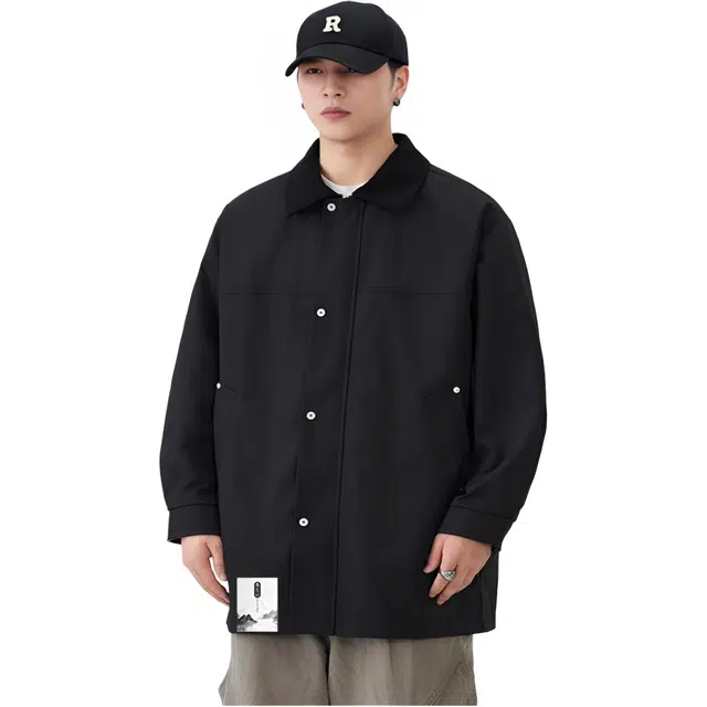 布客行 【复古简约高街中长款拉链单排扣外套】纯色基础款宽松休闲百搭防风商务日常通勤高颜值痞帅气质秋冬季男款夹克 男女同款