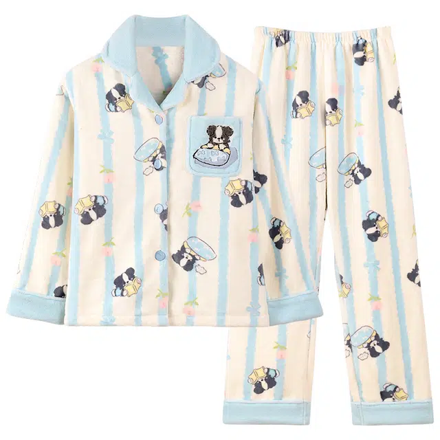 俏霓桐 可爱保暖蓄温加绒加厚甜美卡通清新休闲舒适翻领家居服可外穿睡衣套装 女款