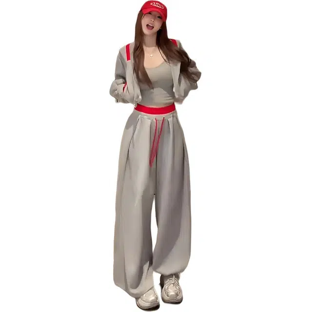 小卷要加油 时尚运动女早秋拼色大兜帽短款卫衣抽绳宽松阔腿裤两件套休闲套装 女款