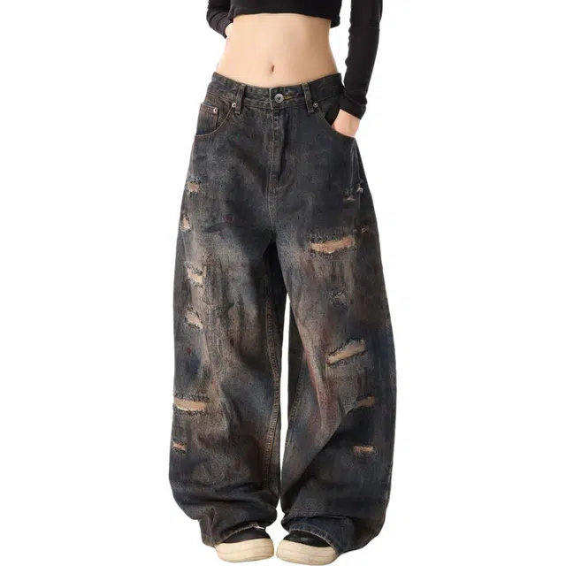 宝米卡 巴黎风格美式复古破洞宽松直筒阔腿长裤子牛仔裤 男女同款