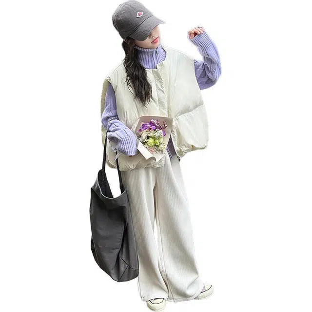 帕兰朵休闲运动套装 女童冬季时尚洋气甜酷紫色保暖高领毛衣马甲显瘦宽松阔腿裤三件套 青少年